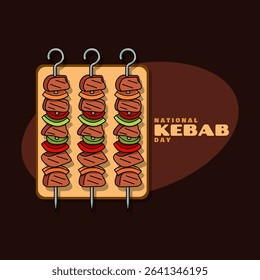 World Kebab Day to celebrate on second Friday of July. Three skewers of kebab meat with red and green peppers served on wooden plate on dark brown background. Food event banner.