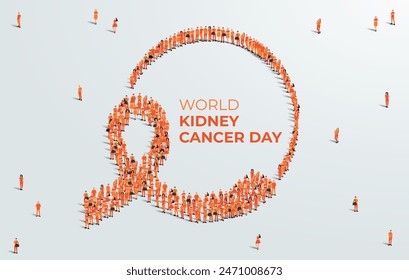 Afiche del concepto del Día Mundial del Cáncer de Riñón. Un Grande grupo de personas se forma para crear una cinta naranja. 20 de junio. Ilustración vectorial.