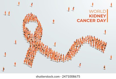 World Kidney cancer day concept poster. Large group of people form to create a orange ribbon. 20th of June. Vector illustration.