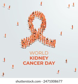 Afiche del concepto del Día Mundial del Cáncer de Riñón. Un Grande grupo de personas se forma para crear una cinta naranja. 20 de junio. Ilustración vectorial.