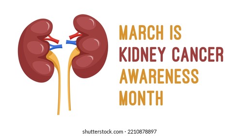 World Kidney Cancer Month, Awareness Promotion Medical Poster. Care And Prevention Of Kidney Disease. Pair Of Cute Cartoon Kidneys. Horizontal Poster. Editable Isolated Vector Illustration.