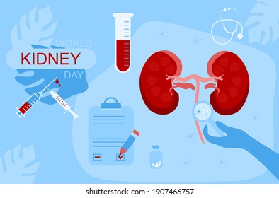 Weltnierentag-Vektorbanner.Pyelonephritis Krankheit.Steine in Organ.Chronische Krankheit.Tumor, Nierenversagen oder Krebs.Problem mit Metabolismus oder Filtration, Dialyse.Medizinische Instrumente.