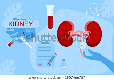 World Kidney day 11 March vector banner.Pyelonephritis disease.Stones,Cystitis in organ.Chronic illness.Tumor, renal failure or cancer.Problem with metabolism or filtration,dialysis.Medical tools.