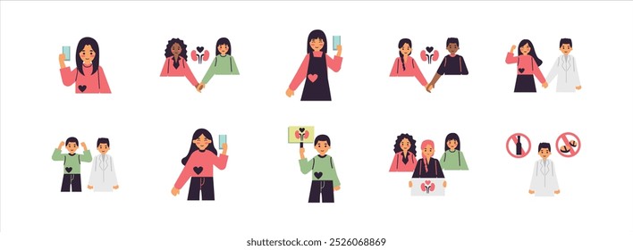 World Kidney Day Activity flat illustration set. Include of health, kidney, anatomy, and care. Vector illustration isolated.