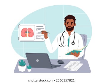 World Kidney Day. African-American nephrologist, scientist researches glomerulonephritis, pyelonephritis, urolithiasis, polycystic. Vector illustration in flat style