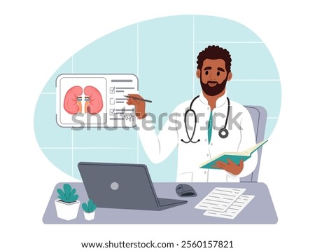 World Kidney Day. African-American nephrologist, scientist researches glomerulonephritis, pyelonephritis, urolithiasis, polycystic. Vector illustration in flat style