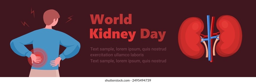 World Kidney Day Awareness Month. A man suffering from back pain is holding his back. Medicine, healthcare, and anatomy educational illustration. Vector template for banner, card, poster, background.