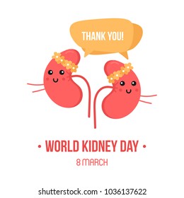 World kidney day card, vector illustration with cute cartoon kidneys characters in floral wreath, smiling, saying thank you.
