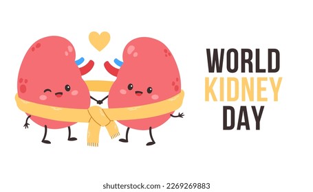 World kidney day card, vector illustration with cute cartoon couple of kidney in yellow scarf.