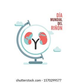 World kidney day with earth globe and clouds in spanish text. Vector illustration
