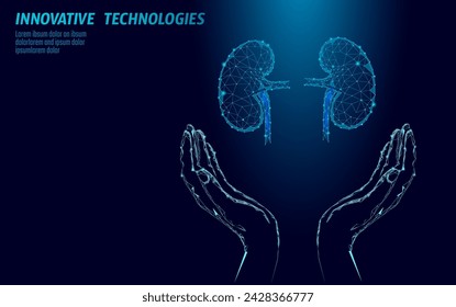 Tarjeta de felicitación del Día Mundial del Riñón plantilla de diseño de bajo poli. Afiche promocional de sensibilización sanitaria. Donantes de trasplante renal humano. Riñones en las manos cuidado sosteniendo ilustración vectorial