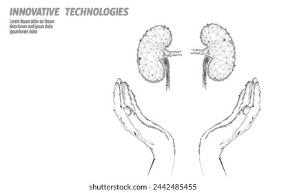  Tarjeta de felicitación del Día Mundial del Riñón plantilla de diseño de bajo poli. Afiche promocional de sensibilización sanitaria. Donantes de trasplante renal humano. Riñones en las manos cuidado sosteniendo ilustración vectorial