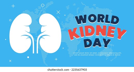 World kidney day horizontal poster. International human healthy kidneys care celebration placard. Genitourinary system internal organ holiday banner. Urology insides sign on Earth map background. Eps