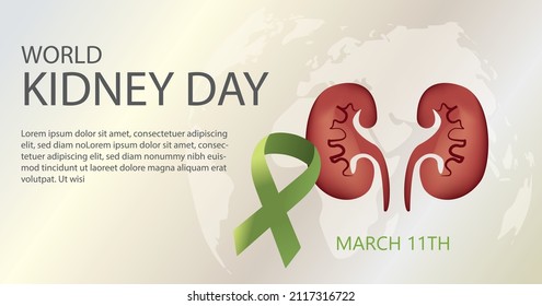 World Kidney Day. Kidneys vectorial illustration on world map with green ribbon ,space for text.
