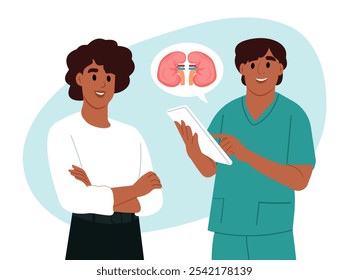 Weltnierentag. Ein Nephrologe spricht mit einem Patienten über Nierenerkrankungen. Afroamerikanischer Nephrologe, Wissenschaftler, Glomerulonephritis, Pyelonephritis, Urolithiasis, polyzystische