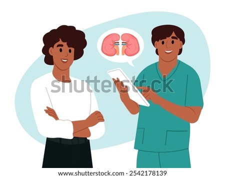 World Kidney Day. A nephrologist talks to a patient about kidney disease. African-American nephrologist, scientist researches glomerulonephritis, pyelonephritis, urolithiasis, polycystic