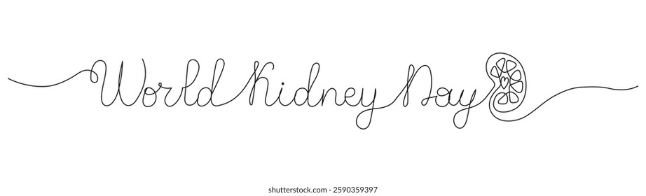 World Kidney Day one line text banner template in black color. Isolated handwriting outline inscription with editable stroke. Hand drawn vector typography for poster card