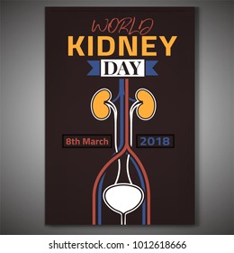 World kidney day poster. 8th of march is a world awareness day. Medical educational concept. Vector illustration in yellow, pink, blue and white colors isolated on a dark brown background.