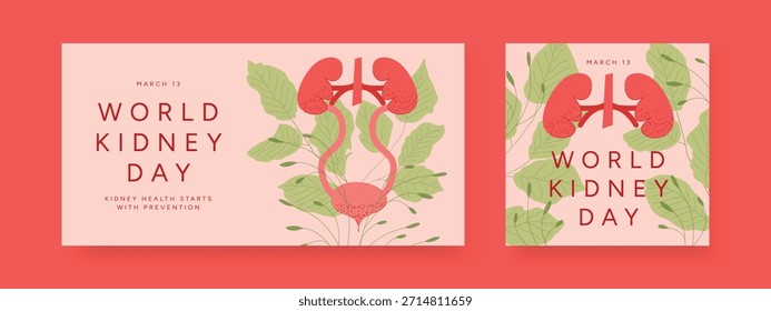 Dia Mundial do Rim Posters com Anatomia do Rim e da Bexiga, Folhas verdes. Design de conscientização da área de saúde para clínica e impressão. conjunto Ilustração de vetor plano.