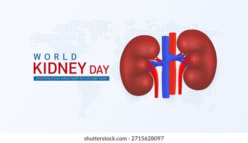 World kidney day. Red human kidney on world map white background. Poster banner for medical or health care social media advertising. Vector illustration.