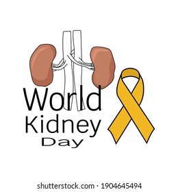 World Kidney Day, Schematic representation of human kidneys, yellow ribbon and themed inscription vector illustration