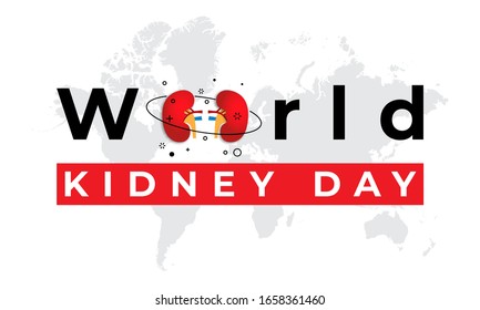 World Kidney Day vector banner white background. Illustration of the world map with an inscription and illustration symbolizing the World Kidney Day, March 12. Care and prevention of kidney disease