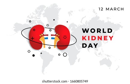 World Kidney Day vector banner on blue background. Illustration of the world map with an inscription and illustration symbolizing the World Kidney Day, March 12. Care and prevention of kidney disease