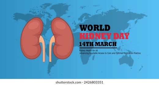 World Kidney Day Vektor-Banner auf blauem Hintergrund. Illustration der Weltkarte mit einer Inschrift und Illustration, die den 14. März, den Weltnierentag symbolisiert. Pflege und Prävention von Nierenerkrankungen