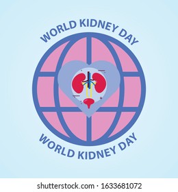 World Kidney Day vector concept with kidney organ inside heart and globe symbol, isolated in aquamarine background
