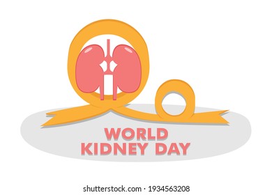 World Kidney day vector concept: Human kidney with yellow ribbon and World Kidney day text