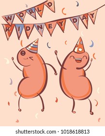 World kidney day vector illustration. Cartoon kidneys celebrate their holiday