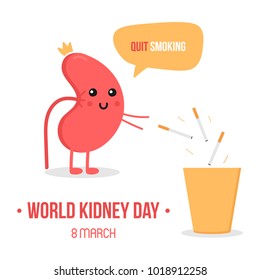 World kidney day vector illustration with cute cartoon kidney character, giving advice to quit smoking and throwing away cigarettes.
