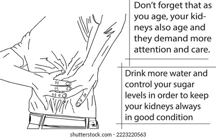 World Kidney Day Vector infographic with rules to take care of kidney health, a man holding his back due to kidney pain vector and illustration,
