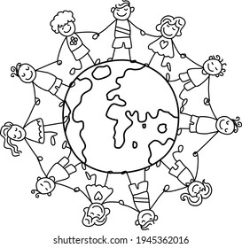 World Kids Cartoon Stick Figure Blac Line Drawing Vector Illustration