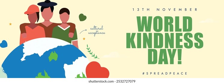 Día Mundial de la Amabilidad. 13 de noviembre Día de la bondad cubre el Anuncio con el globo terráqueo, personas de diferentes etnias se paran una al lado de la otra de manera amistosa. El día se centra en la importancia de la empatía, la amabilidad