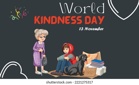 World Kindness Day. Black Background and an Old woman talking with a homeless man.