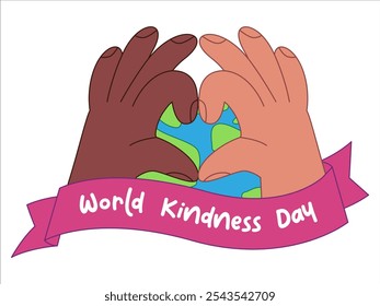 World kindness day hands shaped heart sign campaign reminder spread awareness care diversity icon global earth planet pink ribbon colorful design set