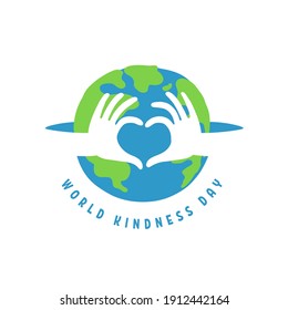 World kindness day logo. Random acts of kindness day emblem. Caring, responsibility, altruism of people. November 13. Hands show the heart and planet. Vector illustration. Global earth. Ecology theme.