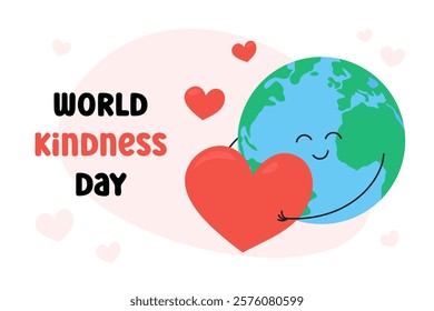 World Kindness Day November 13 vector flat illustration, poster in cartoon childish style. Happy smiling Earth planet hugging big heart. International Kindness Day celebration banner