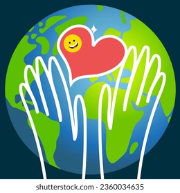 Día mundial de la bondad. Emblema al azar del día de la bondad. Cuidado, responsabilidad, altruismo de la gente. 13 de noviembre. Las manos muestran el corazón y el planeta. Ilustración vectorial. Tierra global. Tema de la ecología.