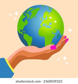 World kindness day. Random acts of kindness day emblem. Caring, responsibility, altruism of people. November 13. Hand is holding with care PLANET EARTH. Vector illustration. Global earth. Ecology them