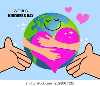 World kindness day. Random acts of kindness day emblem. Caring, responsibility, altruism of people. PLANET EARTH with text. Vector illustration. Global earth. Ecology theme. 