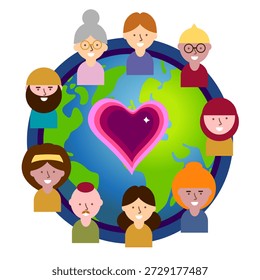 Weltfreundschaftstag. Zufällige Akte der Freundlichkeit Tag Emblem. Fürsorge, Verantwortung, Altruismus der Menschen. PLANET EARTH mit Text. Vektorgrafik. Globale Erde. Thema Ökologie. 