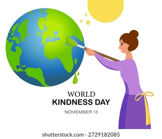World kindness day. Random acts of kindness. Girl painting the Planet. Caring, responsibility, altruism of people. November 13. PLANET EARTH with text. Vector illustration.