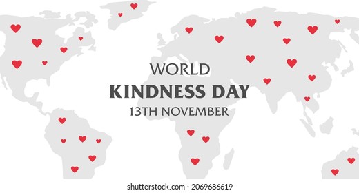 World Kindness Day Template. Background illustration with love icons scattered all over the World map. Vector design.