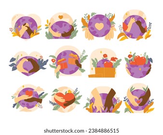 World Kindness Day with Various Hand Gesture Cartoon Collection. Spread Love Each Other, Global Donation Charity Care Campaign. Object Element Vector Flat Illustration Concept