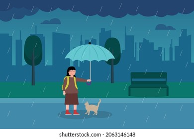 World kindness day vector concept. Little girl protecting a stray cat from drops rains by using an umbrella