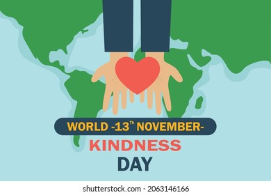 World kindness day vector concept. Hands holding red heart symbol with kindness day text and world map background