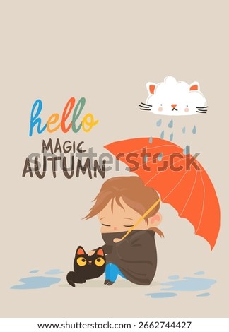 World Kindness Day Vector Concept. Little Girl Protecting a Stray Cat From Drops Rains By Using an Umbrella. Vector Illustration