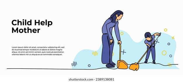 World Kindness Day vector illustration of mother teaches her child to sweep. Modern flat in continuous line style.